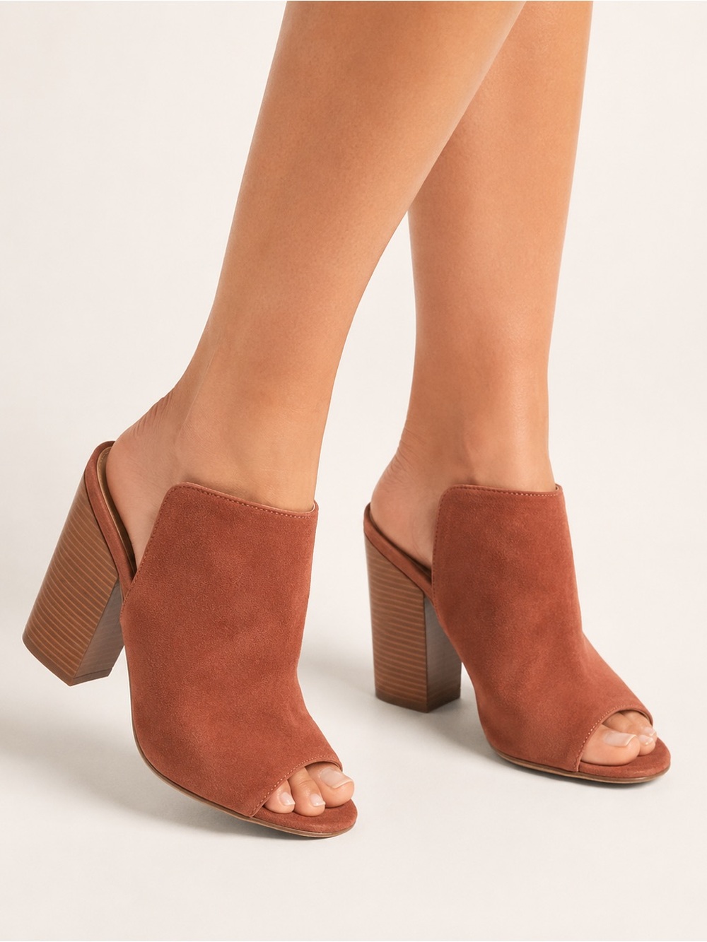 STEVE MADDEN RUST COLOR LEATHER SUEDE FEEL PEEP TOE HIGH HEEL MULES SIZE 9-1/2